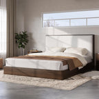 Merax Queen Platform Bed Frame with Bouclé Upholstered Headboard, Solid Wood Platform Bed, No Box Spring Needed, Noise-Free Modern Bed Frame for Bedroom, Walnut