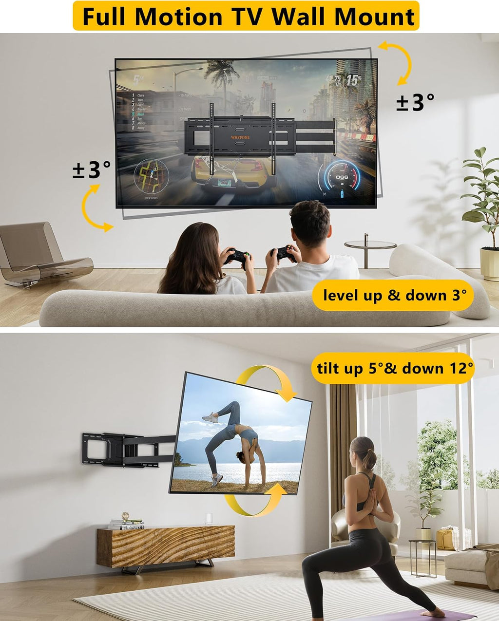 48'' Extension Extra Long Arm TV Wall Mount, Heavy Duty Full Motion TV Wall Mount for 37 to70,75,77,80,85'' Screens, Max VESA 600x400mm, Hold 110 lbs, 16''-24'' Wood Studs/Concrete/Brick Wall, WHYFONE