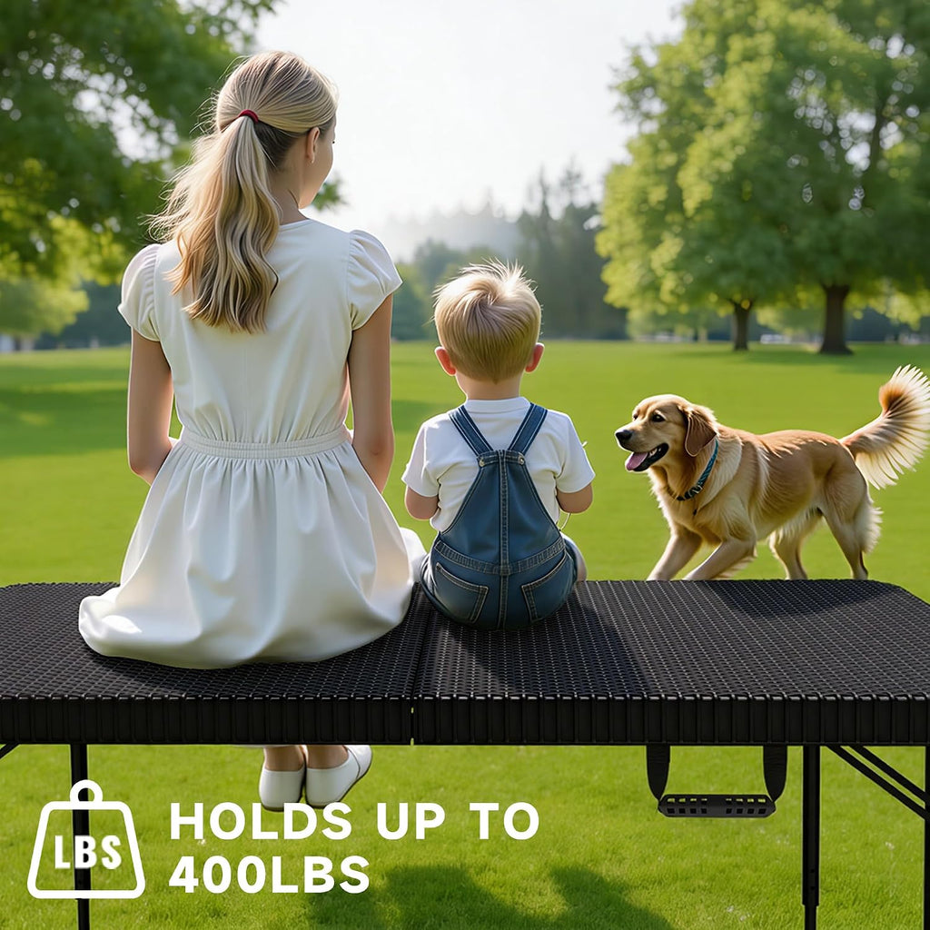 Folding Table 4 Foot - 3 Level Adjustable Height, HDPE Wicker Pattern, Heavy Duty 440LBS Capacity, Portable - for Camping, Party, Indoor & Outdoor Use, 2 Pack
