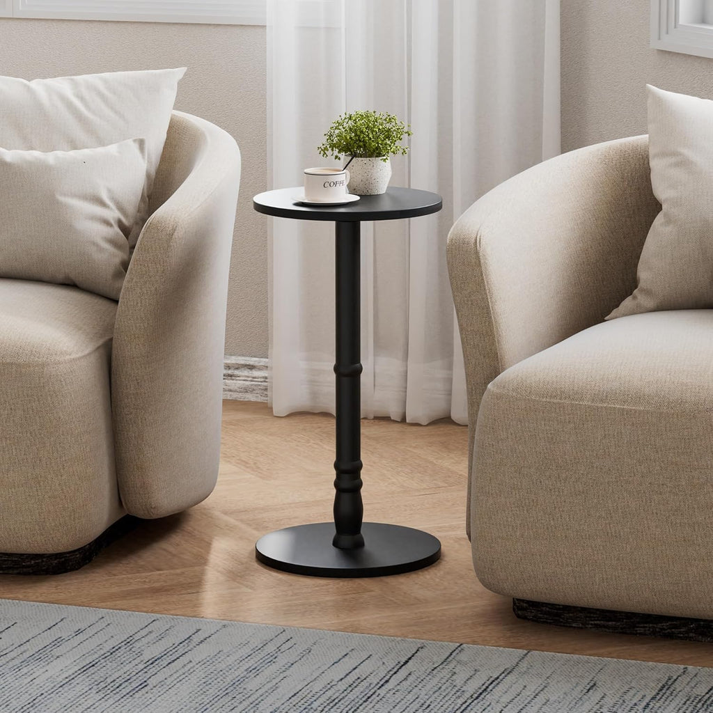 Homleke 12" Round Side Table, Solid Wood Pillar with Wood Top & Base, Small Drink Accent Table for Living Room, Bedroom, Sofa & Office, Easy Assembly, Black