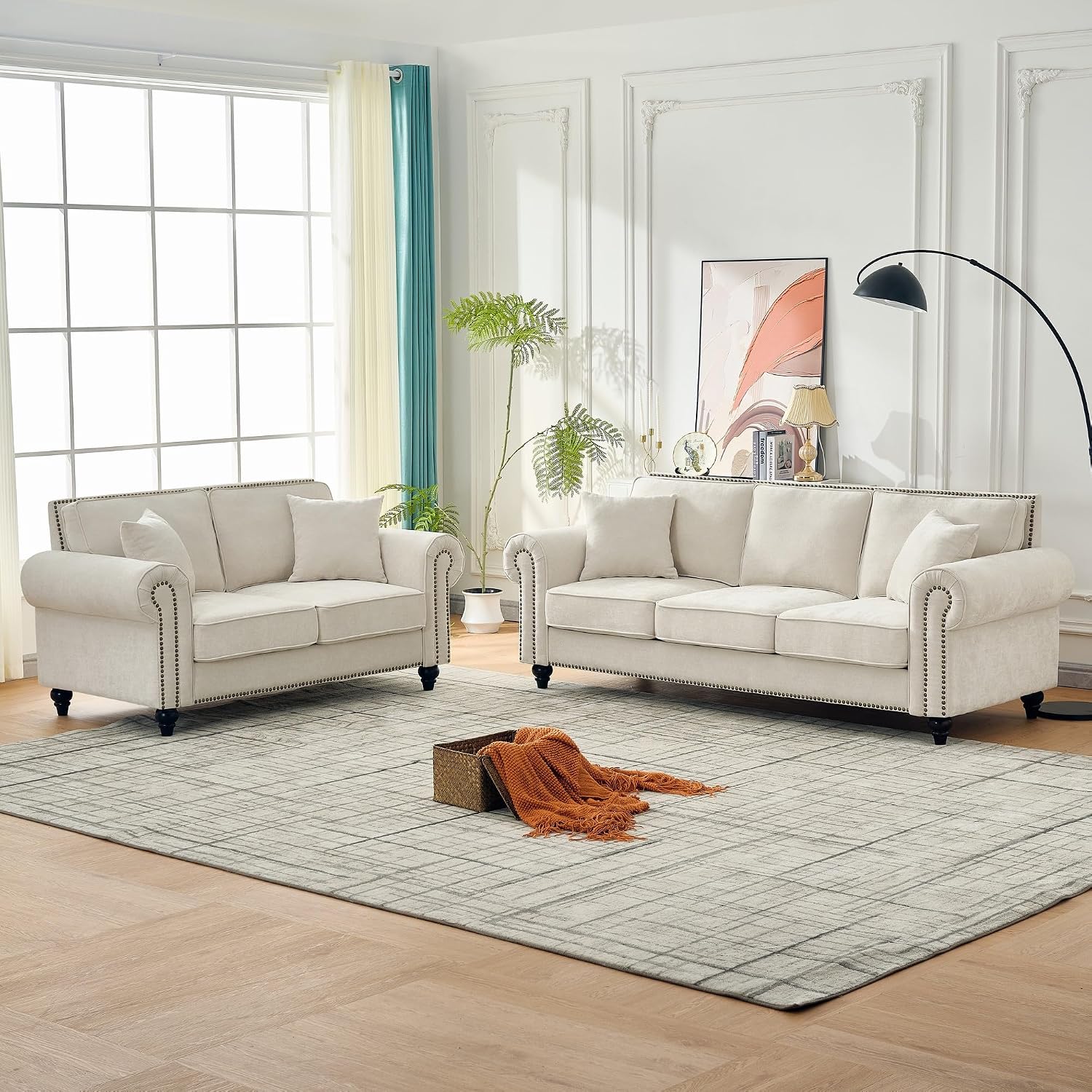 KEIKI 2-Piece Sofa Set with 1 Oversized Chenille 3-Seater Sofa & 1 Loveseat Sofa, Upholstered 5-Seater Couch Set with Nailhead Trim, High-Density Foam Cushions, Rolled Arms, for Living Room, Beige