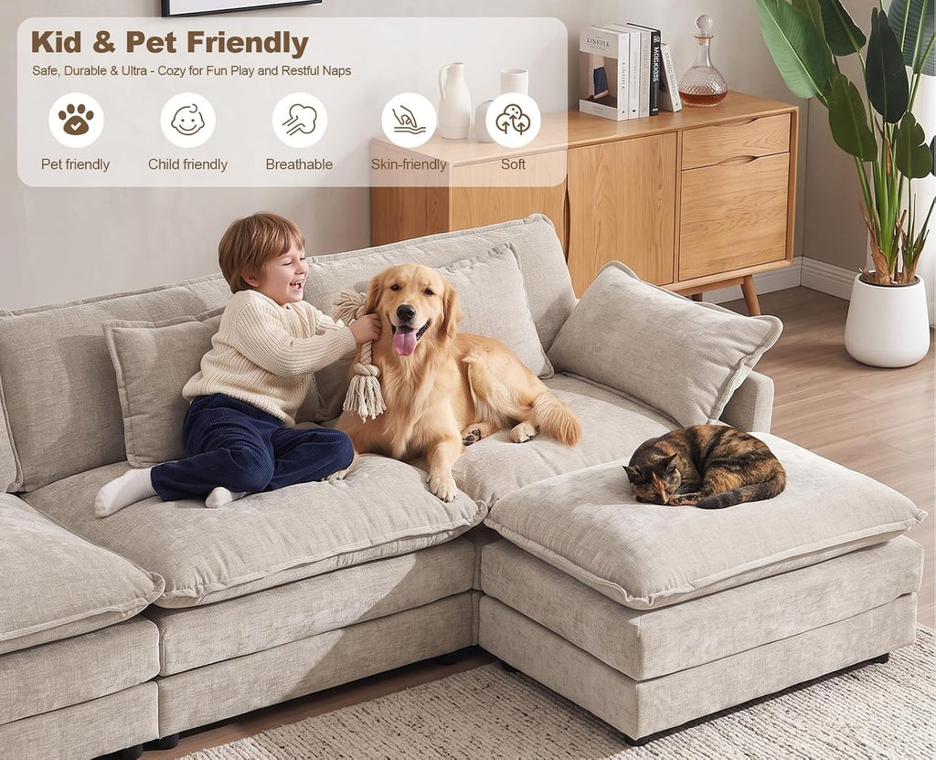 111.5” Modular Sectional Sofa, L Shaped Cloud Couch with Ottoman | Couches for Living Room, Cloud Comfort, Removable Washable Pillow Covers, Deep Seat, Movable Ottoman, Chenille Camel Brown