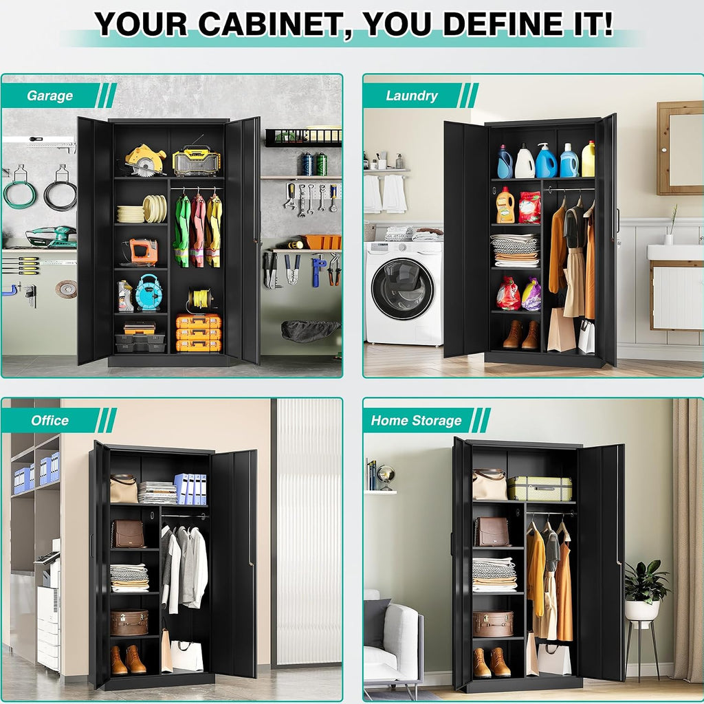 Metal Wardrobe Cabinet with Lock,72" Armoire Closet with Hanging Rod,Lockable Storage Locker,Black Storage Cabinet with Locking Doors,Garage Closet,Steel Wardrobe for Home,Bedroom,Office,Employee,Shop