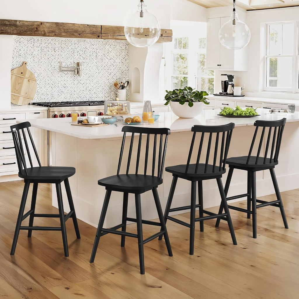 LUE BONA 360° Swivel Bar Stools Set of 3, Black Windsor Barstools, Counter Height Barstool with Spindle Back, 24 inch Farmhouse Wooden Counter Stools for Kitchen Island, Pub, Bistro, Cafe, Dining Room