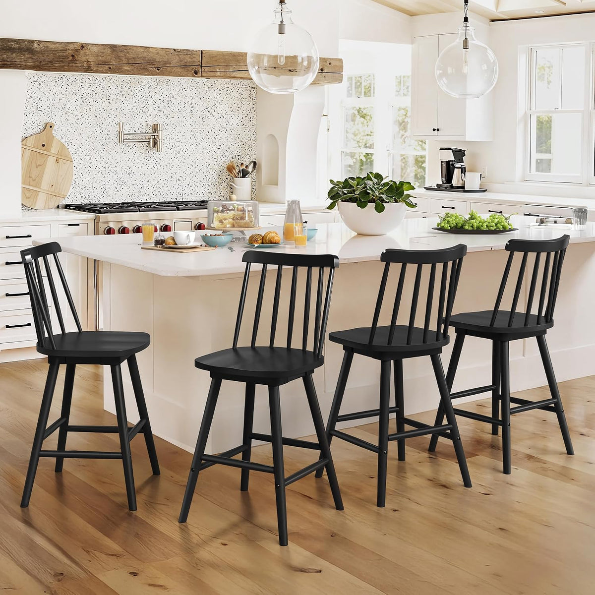 LUE BONA 360° Swivel Bar Stools Set of 3, Black Windsor Barstools, Counter Height Barstool with Spindle Back, 24 inch Farmhouse Wooden Counter Stools for Kitchen Island, Pub, Bistro, Cafe, Dining Room