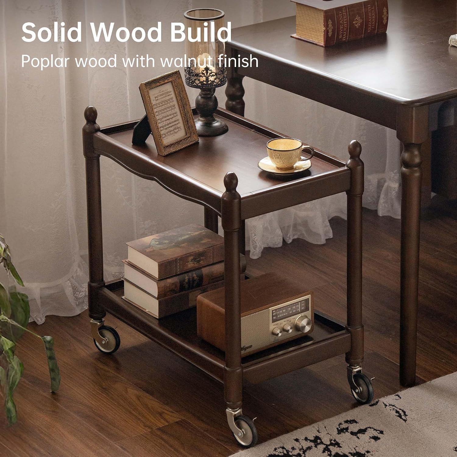 YESWOOD Vintage Walnut Side Table with Lockable Wheels, 2‑Tier Rolling End Table Nightstand for Small Space Living Room Bedroom(Walnut, 27.9" D x 18.47" W x 25.15" H)