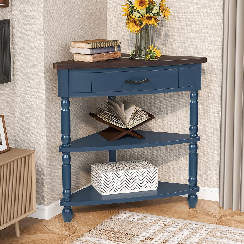 33.86" Corner Table, Wood 3 Tier Triangle Side Table Corner Shelf Stand with Solid Wood Legs 1 Drawer & 2 Storage Shelves for Living Room Small Space (Navy Blue)