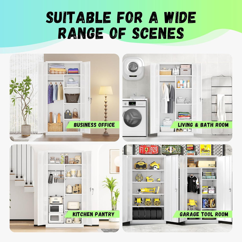 Bonusall Metal Wardrobe Closet, 72" Armoire Wardrobe with Lockable Doors, Split Closet Design, Left for Hanging and Right for Shelves, Armoires for Home Office, Bedroom, Laundry Room(White)
