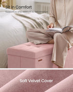 SONGMICS Storage Ottoman Bench, Folding Storage Chest, 15 x 43.3 x 15.7 Inches, Foot Rest Stool, 30 Gal. (112 L), Velvet Surface, for Bedroom, Entryway, Living Room, Jelly Pink ULSF0518R02