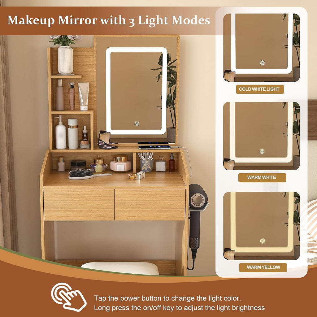 Small Makeup Vanity Desk with Light and Mirror,23.6" Compact Make up Dressing Table with USB, Type C Outlet and Holder, Padded Stool & Shelf, Space Saving Vanity Table for Teen Dorm Bedroom