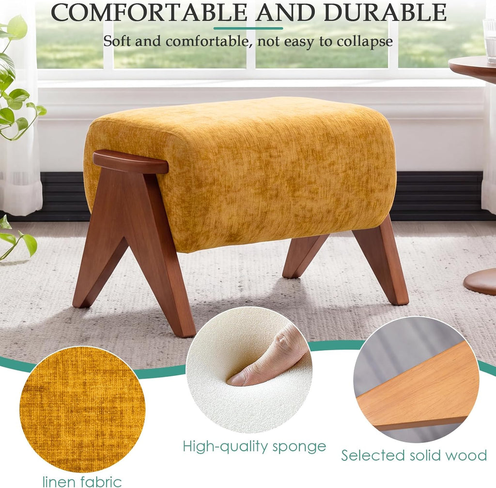 Linen Padded footstools Mid Century Modern Ottoman with Wood Frame, Lounge Upholstered Ottoman, Reading Chair, Sturdy Base, Suitable for Resting Your feet on a Lounge Chair Yellow