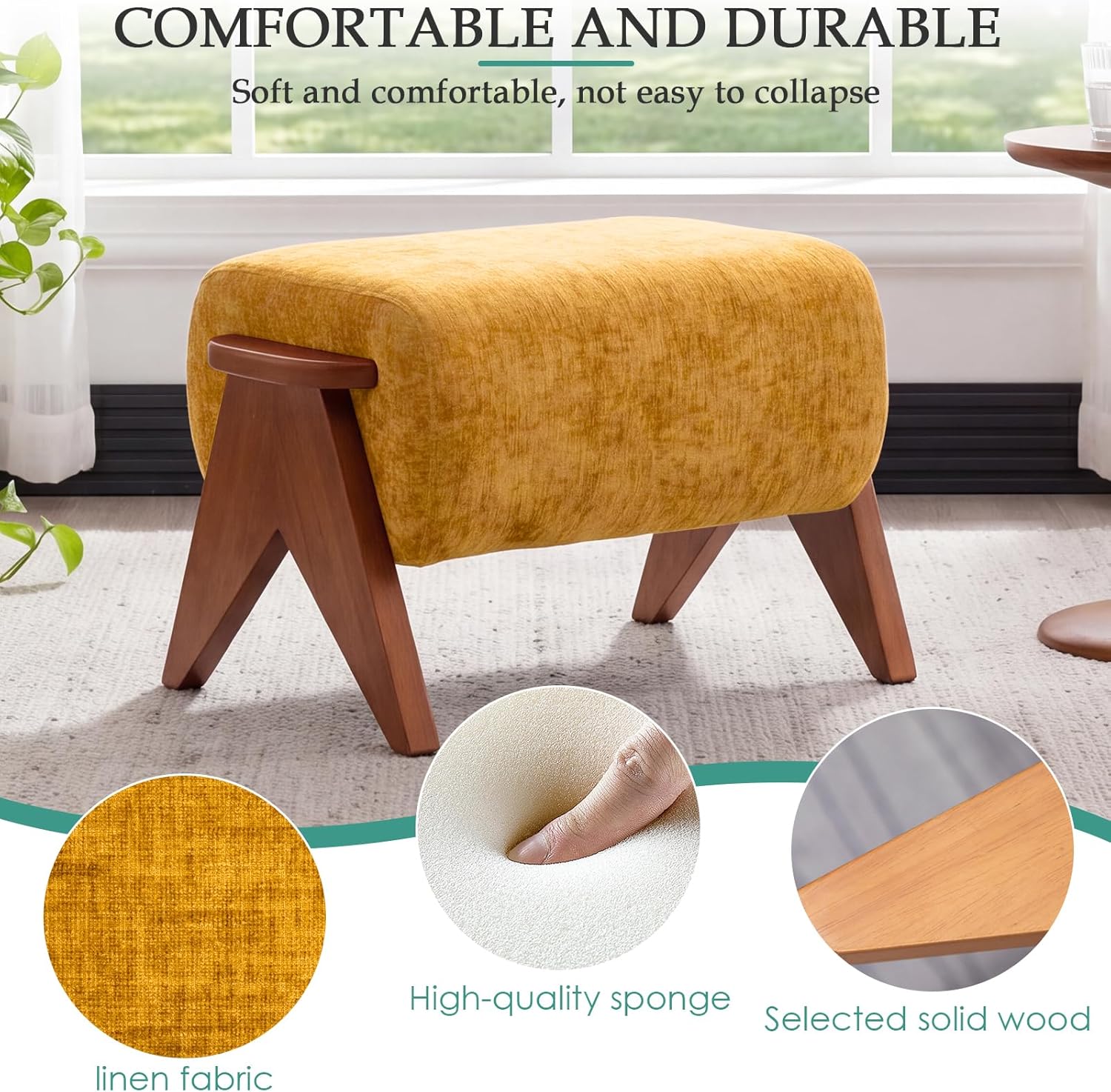Linen Padded footstools Mid Century Modern Ottoman with Wood Frame, Lounge Upholstered Ottoman, Reading Chair, Sturdy Base, Suitable for Resting Your feet on a Lounge Chair Yellow