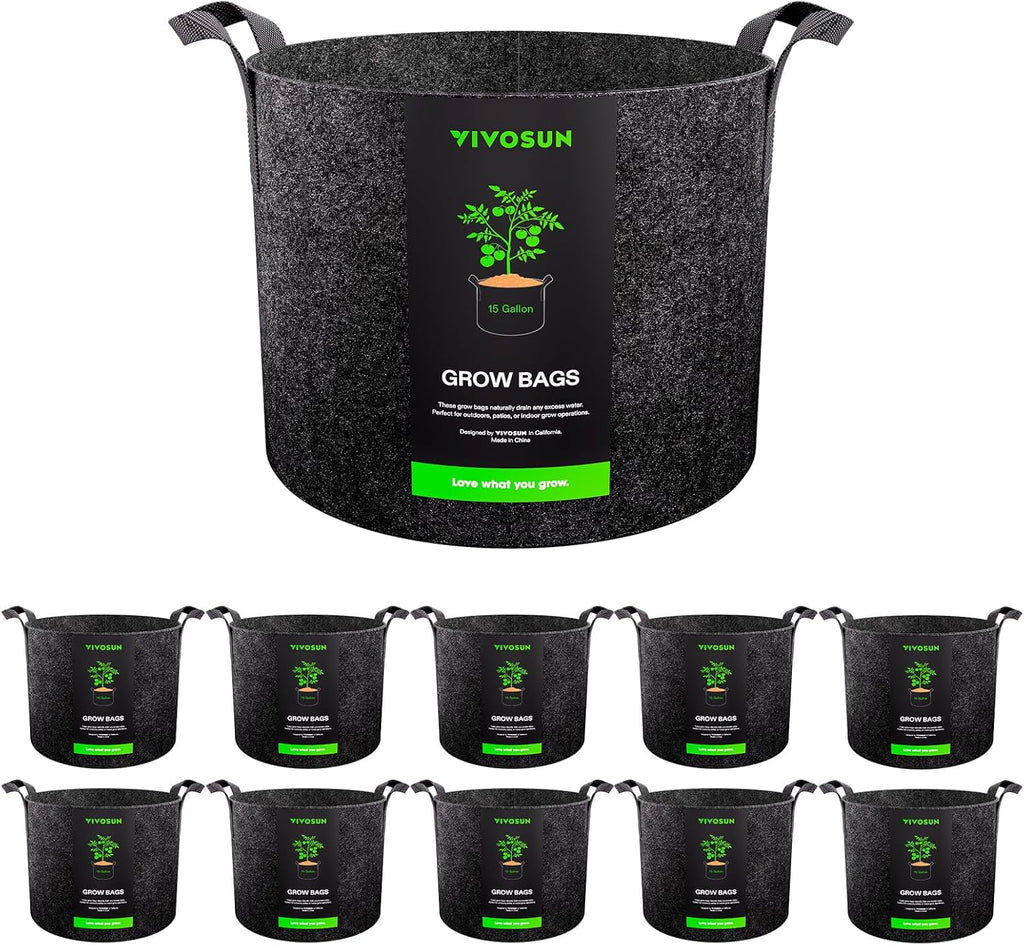 VIVOSUN 10-Pack 15 Gallon Grow Bags, Reinforced Planter Fabric Pots for Gardening Black