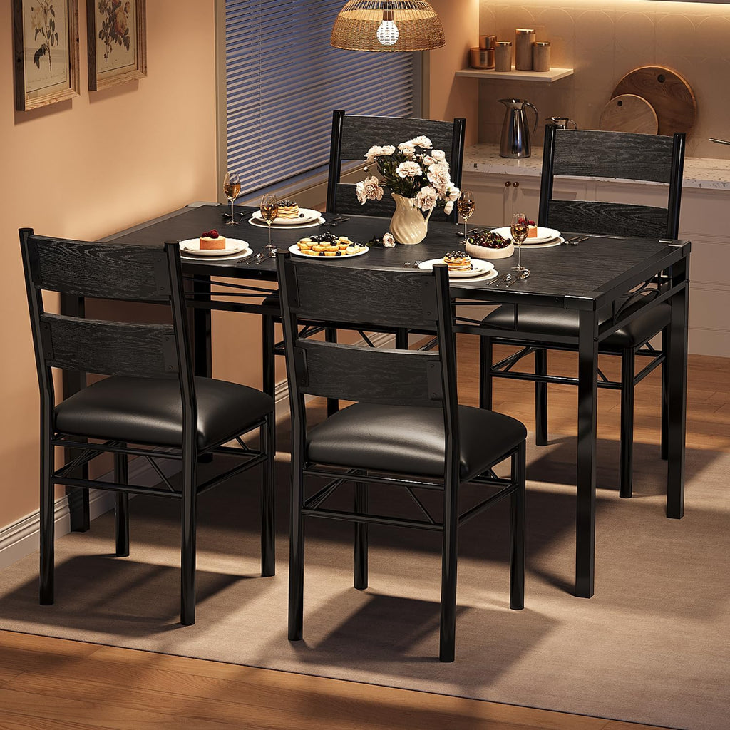 IDEALHOUSE Wood Dining Table Set for 4 with Corner Protector, Kitchen Table Chairs Set of 4 with Upholstered Chairs, Dining Room Table Set for 4, for Dining Room, Apartment,Retro Black