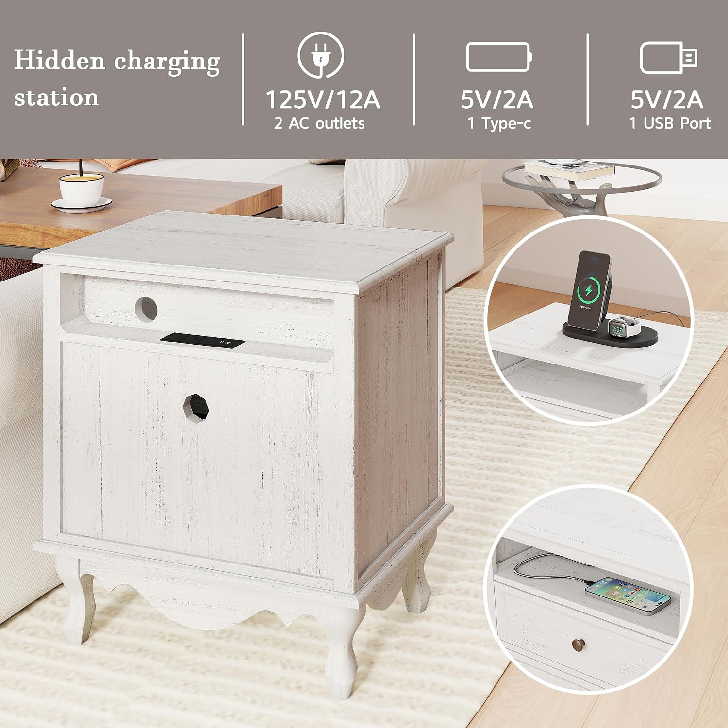 Solid Wood Nightstands Set of 2, Fully Assembled Night Stand with 2 Drawer & Open Shelf Storage, Bedside Table with Charging Station, Mid-Century Modern End Table for Bedroom, White