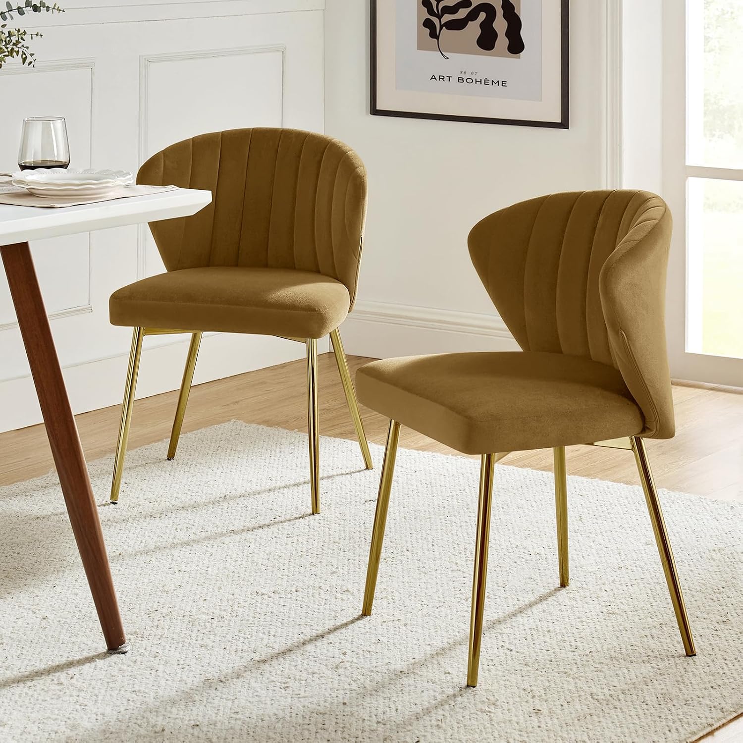 TINA'S HOME Velvet Dining Chairs Set of 2, Modern Upholstered Side Chair with Golden Legs, Small Cute Armless Accent Chair for Living Room, Kitchen, Bedroom, Beauty Room, Golden