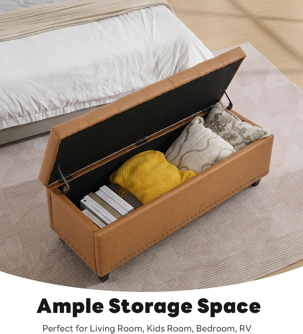 Tbfit 50.8" Ottoman with Storage, Button‑Tufted Bench with Safety Hinge and Rivets, Large End‑of‑Bed Storage Ottoman Bench for Bedroom, Living Room, Entryway, Camel PU
