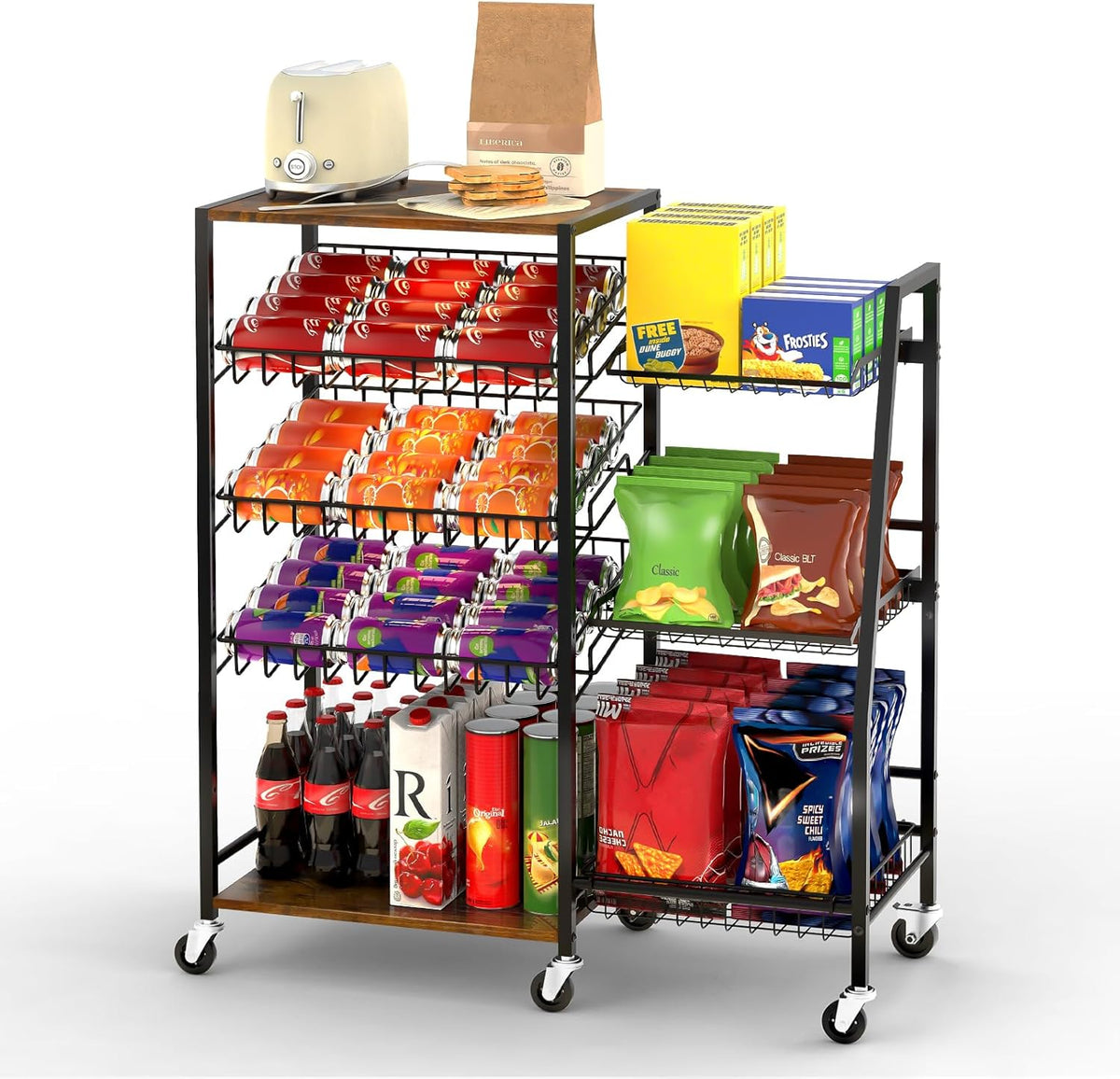 Pinzoveco 5-Tier Rolling Kitchen Storage Carts, Snack Cart with Wheels, Fruit Organizer（Fruit Basket Rolling Cart, Vegetable Holder for Kitchen, Holds Soda Drinks, Cans, Snacks, Onions, Potatoes