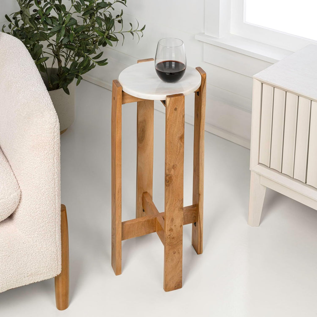 JONATHAN Y Elena 24" Acacia Wood Round Drink Table with Glossy Top, Minimalist Small Side Accent Table for Small Spaces in Living Room, Modern Martini Pedestal Table with Cross Base END3003A