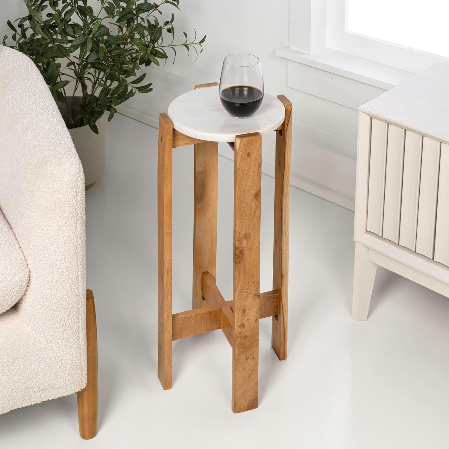 JONATHAN Y Elena 24" Acacia Wood Round Drink Table with Glossy Top, Minimalist Small Side Accent Table for Small Spaces in Living Room, Modern Martini Pedestal Table with Cross Base END3003A