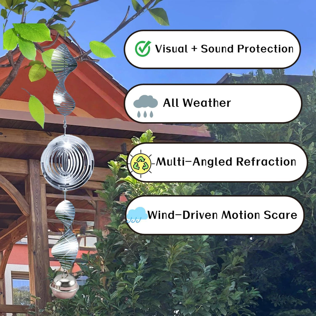 Stainless Steel Wind Spinner with Bells,Visual & Sound Bird Scarer to Keep Woodpeckers, Pigeons Away, Garden Decor for Yard, Patio, Farm Protection