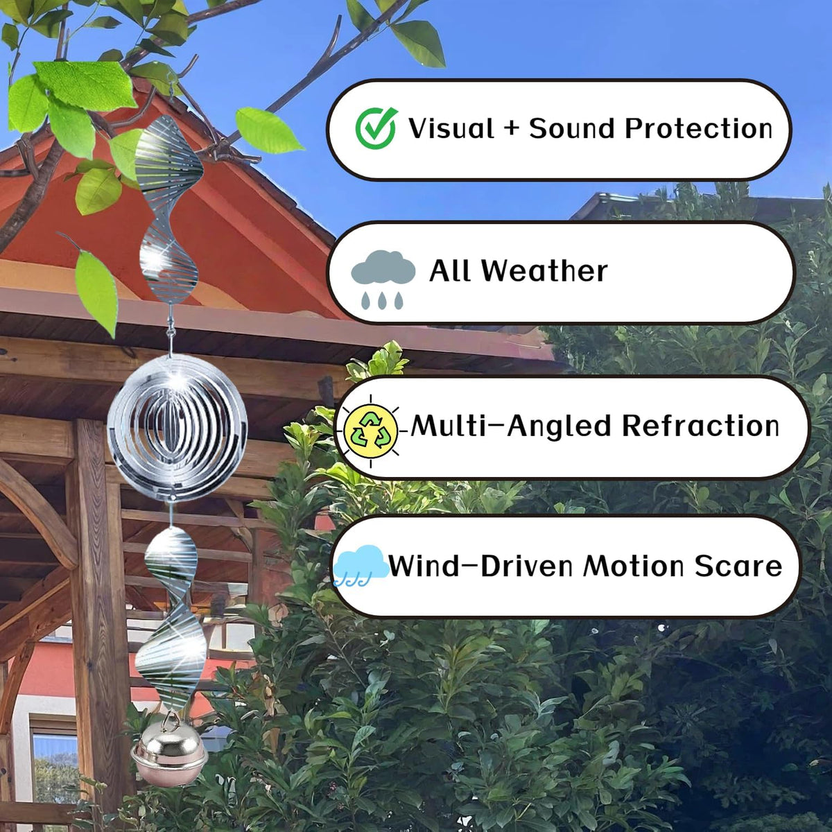 Stainless Steel Wind Spinner with Bells,Visual & Sound Bird Scarer to Keep Woodpeckers, Pigeons Away, Garden Decor for Yard, Patio, Farm Protection