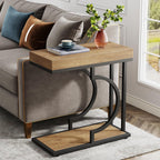 Tribesigns Narrow Side Table C Shaped End Table Modern Bedside Tables for Couch, Small Sofa Chairside Tables with Metal Frame for Living Room (2, Natural+Black)