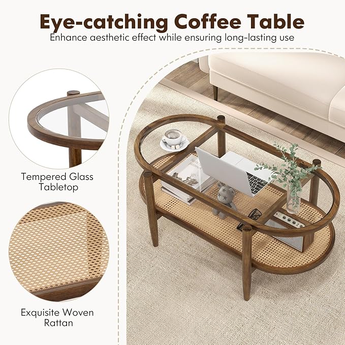 MAT EXPERT Rattan Coffee Table, 2 Tier Boho Oval Living Room Table w/Glass Tabletop Wood Frame & Storage Shelf, 40’’L Mid Century Modern Tea Table, Center Table for Living Room Home Office, Brown