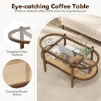 MAT EXPERT Rattan Coffee Table, 2 Tier Boho Oval Living Room Table w/Glass Tabletop Wood Frame & Storage Shelf, 40’’L Mid Century Modern Tea Table, Center Table for Living Room Home Office, Brown