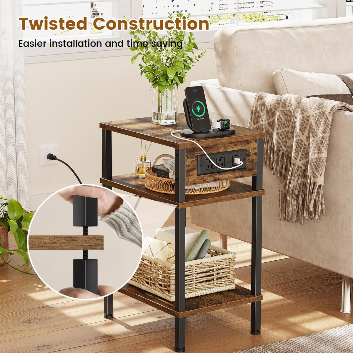 Creso hom Side Table with Charging Station, End Tables Living Room, 21.7 Inch Skinny Night Stand with Storage, Small Bedside Tables for Bedroom, Office, Dorm, Hallway, Rustic Brown