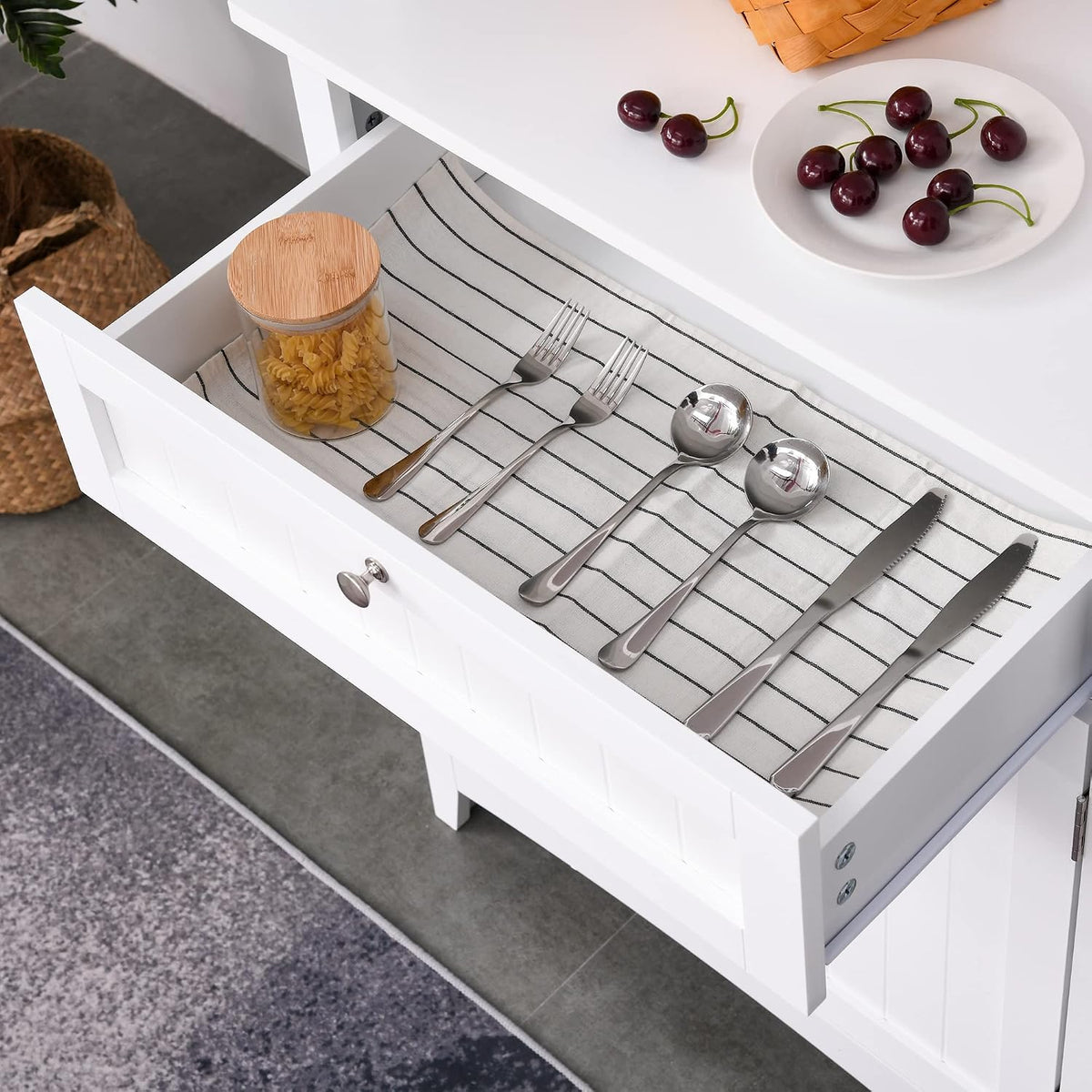 Elegant Buffet, Kitchen Pantry Storage Cabinet with Framed Glass Door Drawer and Microwave Space, White
