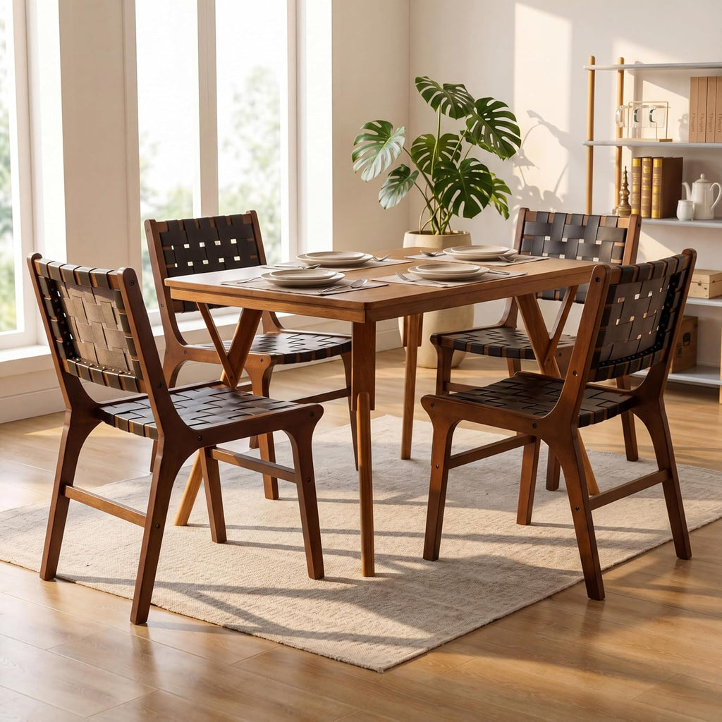 Woven Leather Dining Chairs Set of 2, Mid Century Modern Solid Wood Dining Room Chairs with Handwoven Leather Strap Seat, Armless Kitchen Side Chairs for Dining Room, Restaurant, Black