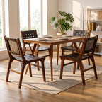 Woven Leather Dining Chairs Set of 2, Mid Century Modern Solid Wood Dining Room Chairs with Handwoven Leather Strap Seat, Armless Kitchen Side Chairs for Dining Room, Restaurant, Black
