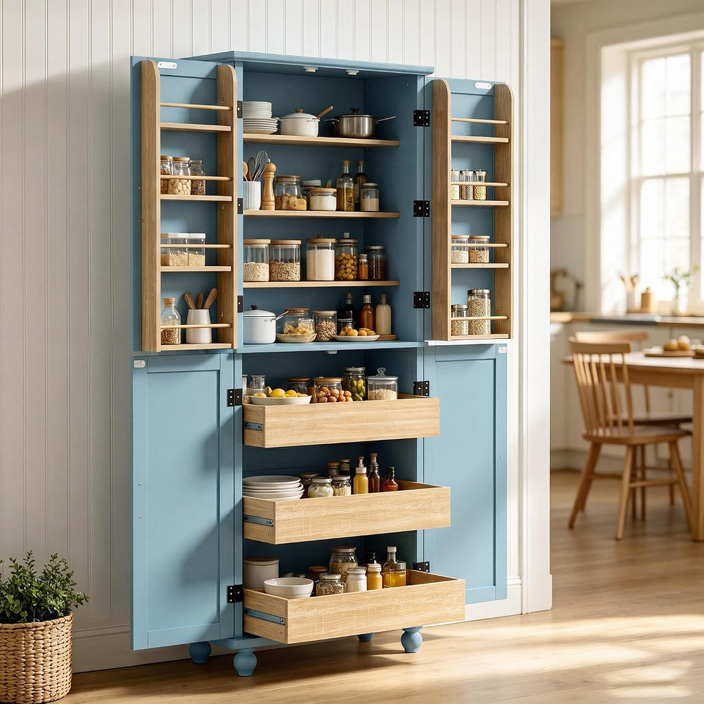 Scurrty Vintage Kitchen Pantry Cabinet with Drawers and Door Shelves, Blue | 69'' Tall Cupboard, Pull Out Trays, Painted, Heavy Duty, Roman Column Leg, Adjustable Shelf, Farmhouse Hutch, Food Organizer