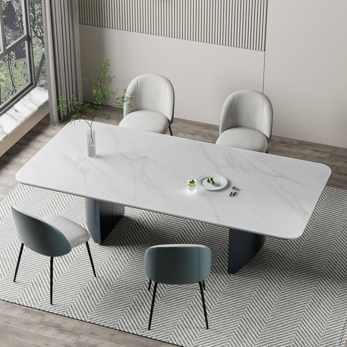 Modern White Dining Table for 6 to 8 People, 70.9" High Hardness Sintered Stone Table for Dining Room and Easy Maintenance - Half-Round Stainless Steel Base(Table Only)