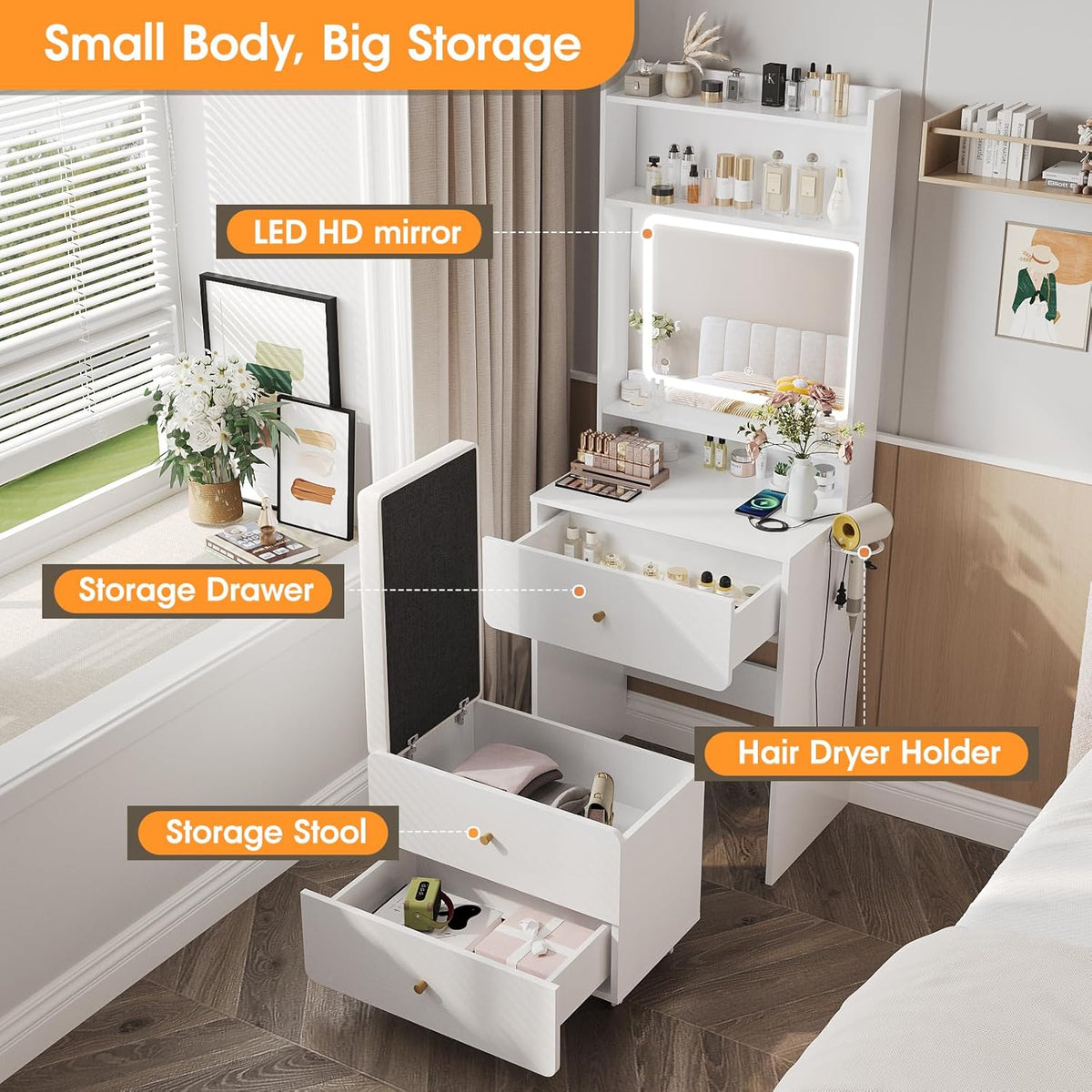 Make Up Vanity Desk with Mirror and Lights,Small Vanity With Storage Chair | White Vanity Table Set with Charger Station