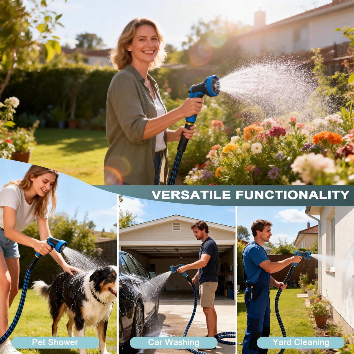 Garden Hose 50ft, Non-Expanding Water Hose Ultra Lightweight, Kink-Free Flexible Hose with 10-Pattern Nozzle, Durable & Abrasion Resistant Outdoor Hose for Yard, Lawn, Marine, RV, and Car Wash (50 FT)