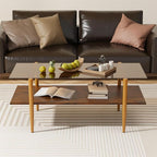 Glass Coffee Table, Rectangle Living Room Center Table with Golden Legs, Mid-Century Modern Accent Tables with Open Shelf for Living Room, Office, Brown