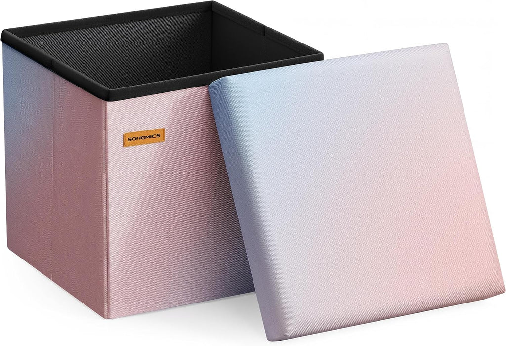 SONGMICS Folding Storage Ottoman Bench, Linen Fabric, Storage Chest, Foot Rest Stool, Holds up to 286.6 lb, 11.8 x 11.8 x 11.8 in, Bedroom Bench, Pink-Blue Ombre, Minota Collection ULSF028X101