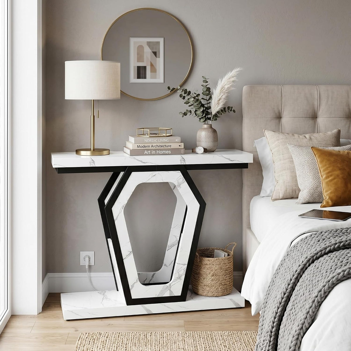 senlin Sofa Table 47.3 Inch Narrow Console Table with Openwork Frame, Industrial Entryway Table for Hallway, Rustic Wood and Metal, Adjustable Leg Pads, Easy Assembly（White Marble Texture）