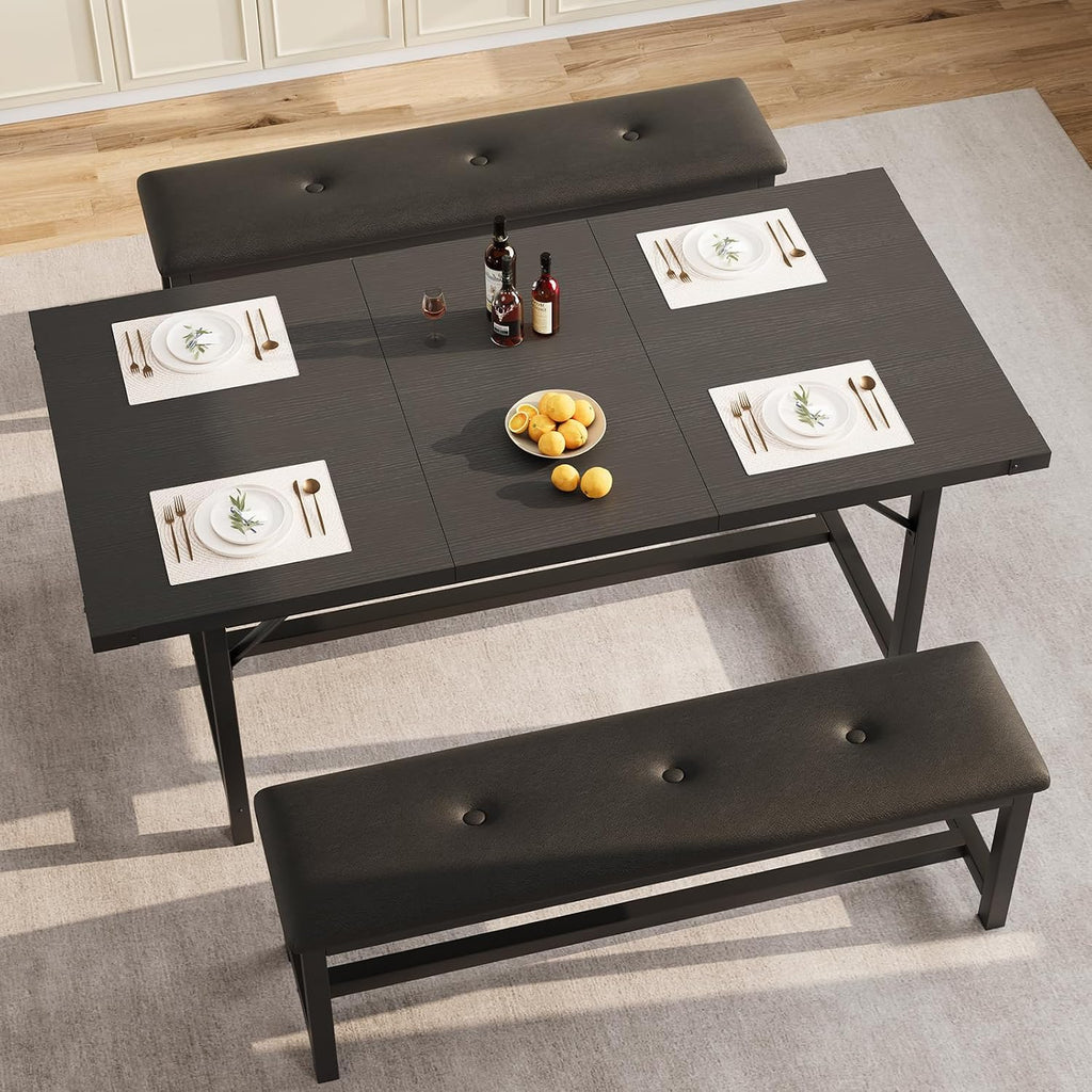 IDEALHOUSE 3 Piece Dining Table Set for 4-6, 63" Extendable Thick Metal Frame Kitchen Table with 2 Upholstered Benches Set for 6, Rectangle Wooden Dinette Table Set for Dining, Apartment, Retro Black