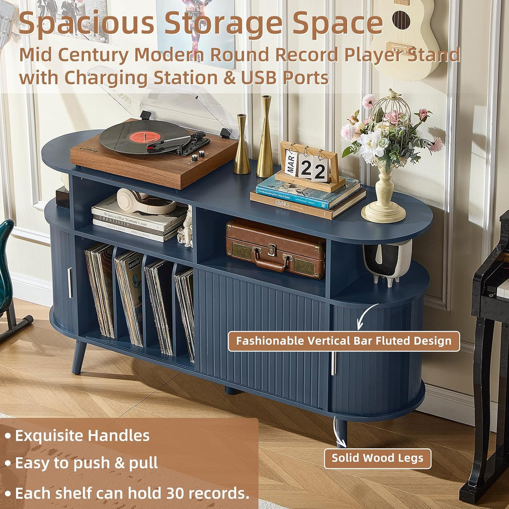 LELELINKY Extra Large Round Record Player Stand with Charging Station | Mid Century Modern Fluted Turntable Cabinet,Vinyl Storage, Arched Wood Record Player Table for Living Room,Blue