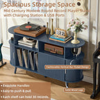 LELELINKY Extra Large Round Record Player Stand with Charging Station | Mid Century Modern Fluted Turntable Cabinet,Vinyl Storage, Arched Wood Record Player Table for Living Room,Blue