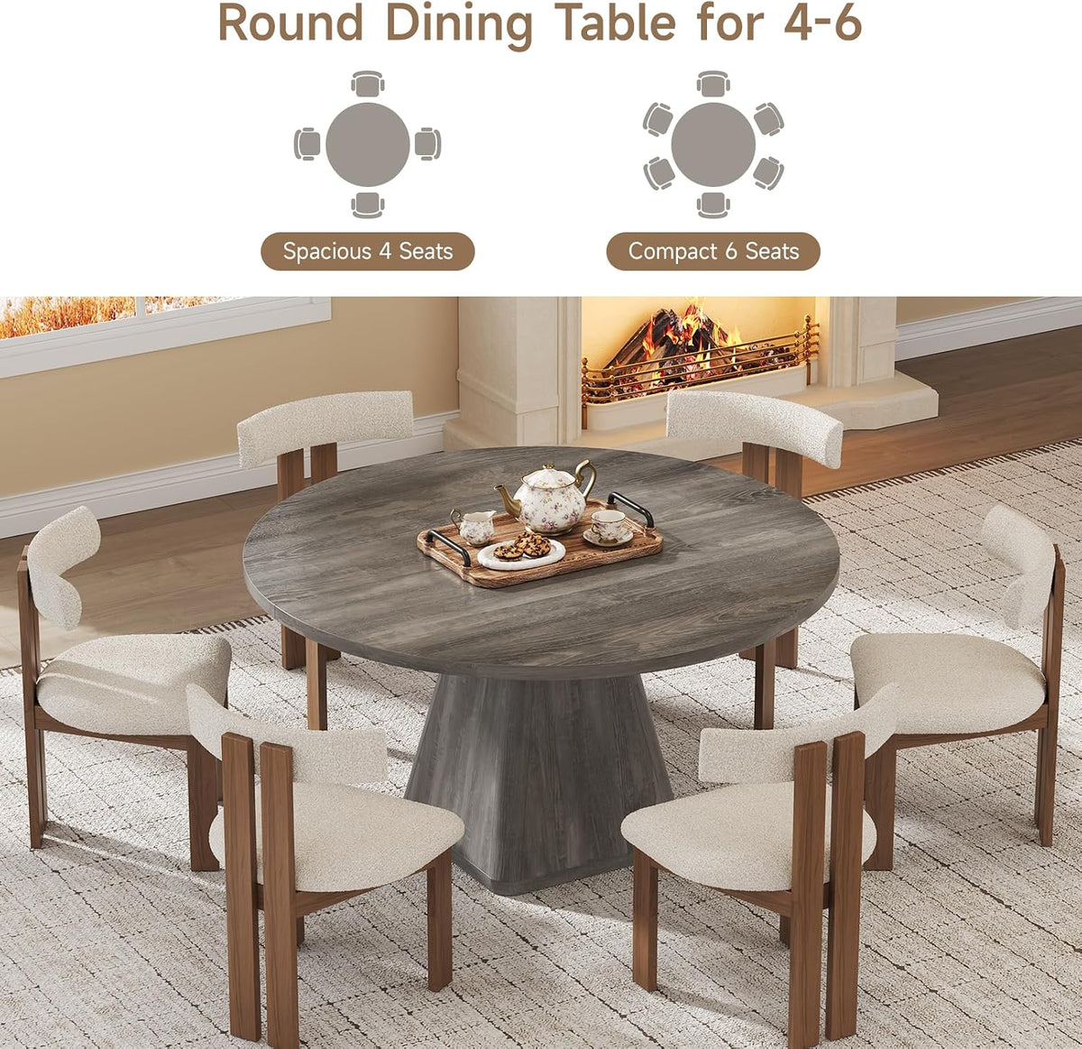 ONBRILL 47 Inch Round Dining Table for 4-6,Square Pedestal Base,Grey | Circle Kitchen Table with Thickened Tabletop, Modern Dining Room Tables, Dinner Tables for Kitchen Small Space (Table Only)
