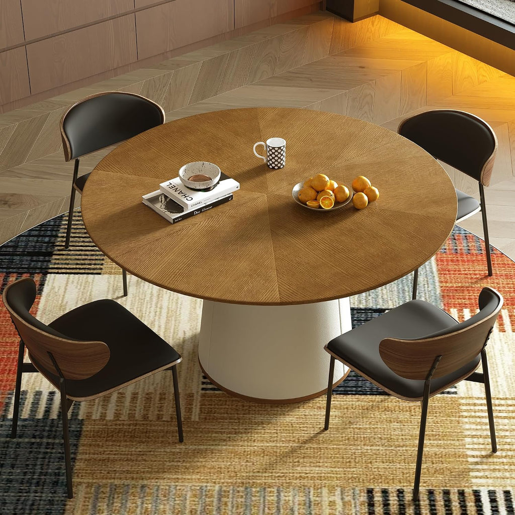 59” Modern Round Dining Table, Featuring a Decorative parquet Wood Veneer Tabletop paired with a Sturdy Cylindrical Base Structure, Suitable for Kitchen, Family Dining Room.
