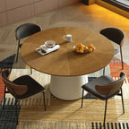 59” Modern Round Dining Table, Featuring a Decorative parquet Wood Veneer Tabletop paired with a Sturdy Cylindrical Base Structure, Suitable for Kitchen, Family Dining Room.