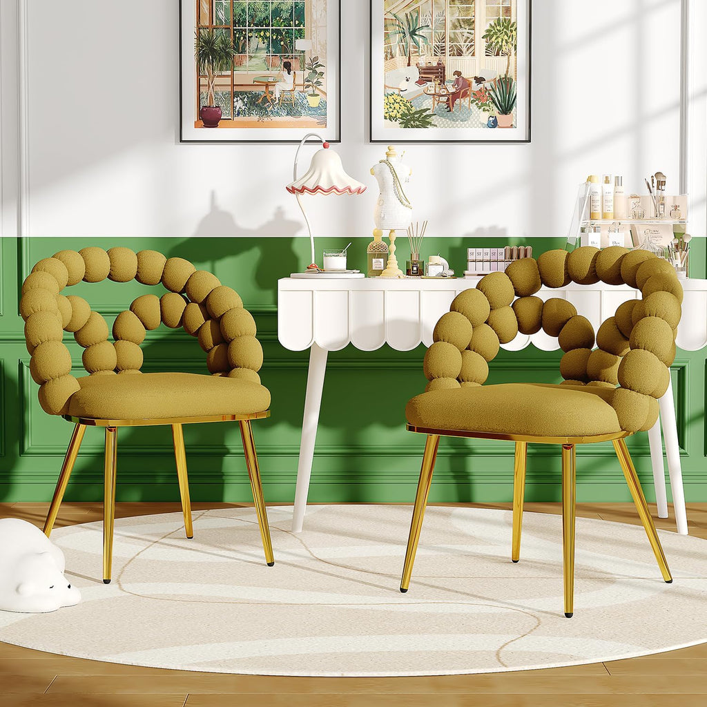 TesNus Velvet Dining Chairs Set of 2, Mustard Yellow Upholstered Velvet Chairs with Gold Metal Legs, Modern Armchairs with Curved Backrest for Dining Room, Living Room, or Makeup Vanity