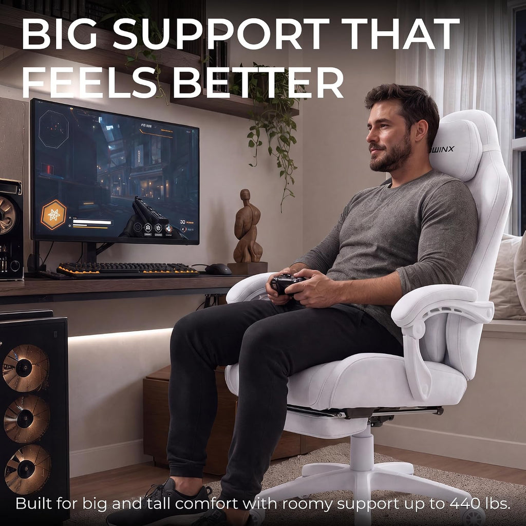 Dowinx Big and Tall Gaming Chair, Suede Fabric Game Chair with Pocket Spring Cushion, High Back Gamer Chair Ergonomic with Footrest for Adults Office, 440LBS, White