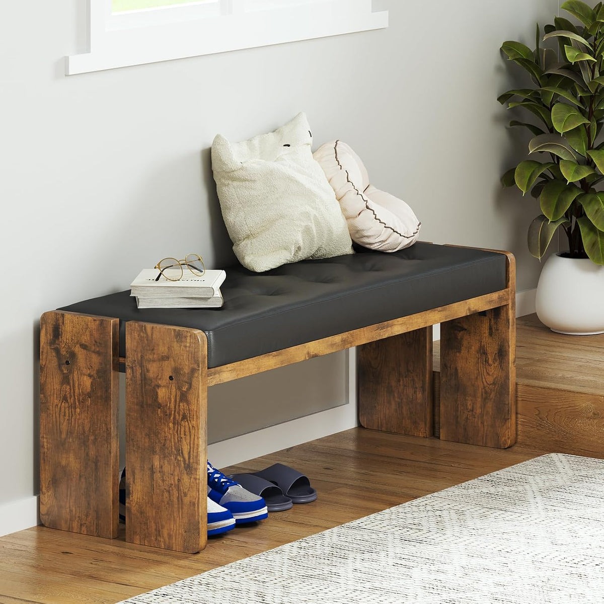 Upholstered Dining Room Bench, Ottoman Bench with PU Leather Padded Seat, Bedroom Bench, Hallway Bench, Entryway Bench for Kitchen, Living Room, Hallway, Entryway, Brown and Black