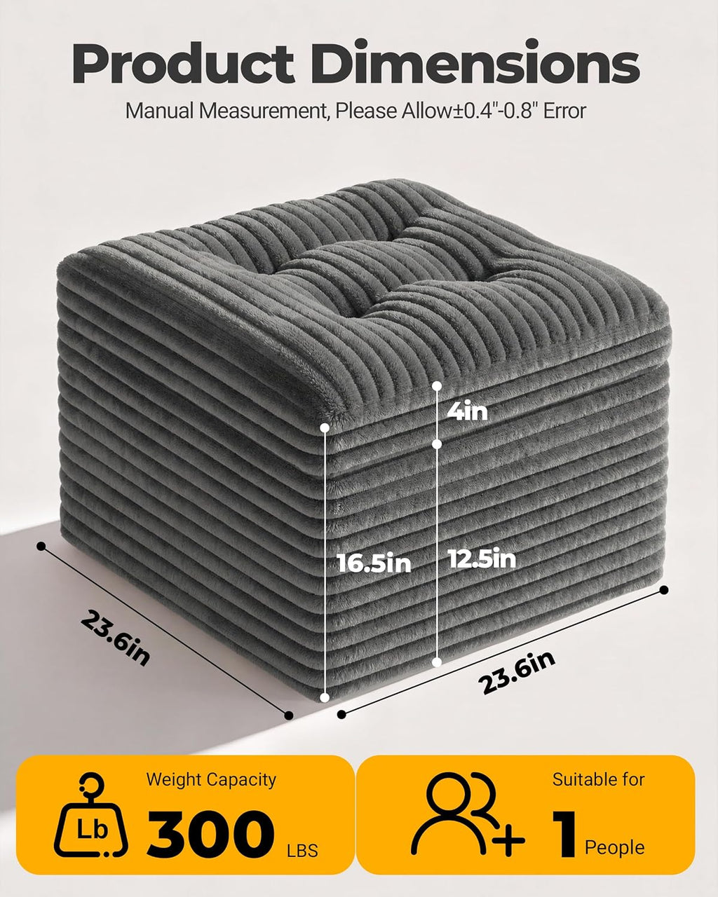23.6in Pouf Ottoman, Corduroy Footstool Foot Rest Floor Seating | Dual-layer support with soft chunk-foam top & firm base. Ideal floor footrest & extra seating for living room, Dark Gray